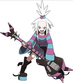 a cartoon character with an electric guitar in her hand and wearing a headband, sitting on the ground