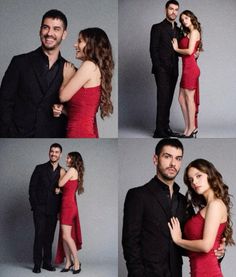 a man and woman in formal wear posing for pictures with their arms around each other