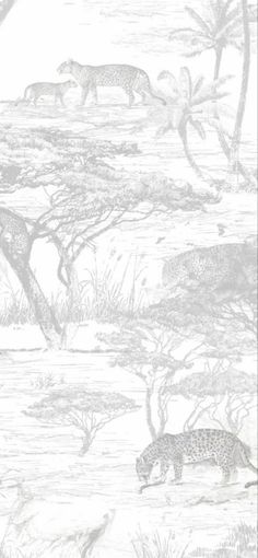 a drawing of leopards and giraffes walking in the wild on land