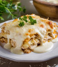 a white plate topped with lasagna covered in cheese and sauce next to a bowl of parsley