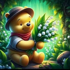 a painting of a teddy bear holding lily of the valley and wearing a hat while sitting on a log