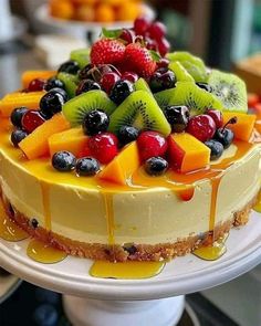 there is a cake with fruit on top