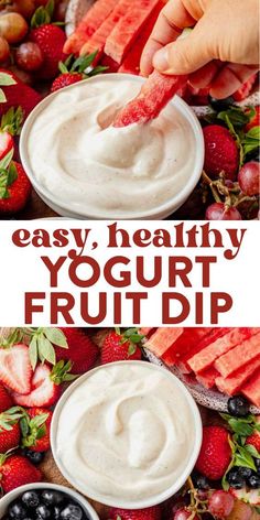 yogurt dip with berries and strawberries on the side