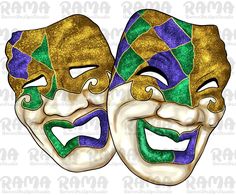 two mardi gras masks with green, purple and gold colors are shown in front of a white background