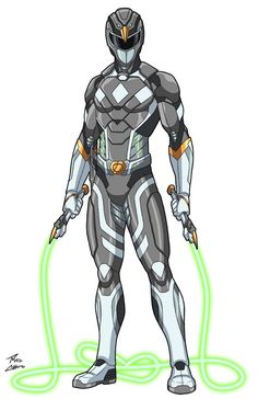 a drawing of a man in a futuristic suit with green neon lights around his feet