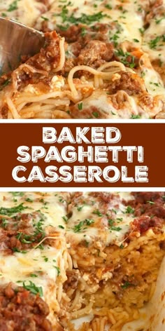 this baked spaghetti casserole is loaded with meat, cheese, and sauces