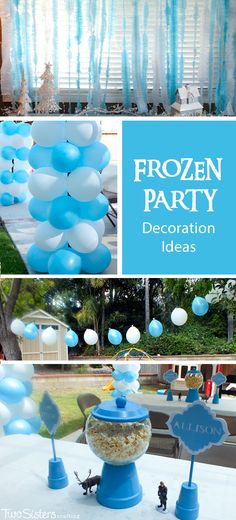 frozen party decoration ideas with blue and white balloons