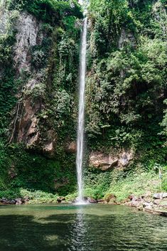 a large waterfall in the middle of a lush green forest