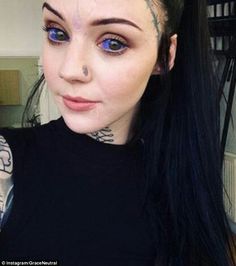 Tattoo artist Grace Neutral, 25, who wants to look more otherworldly has had a stunning array of body modifications to make her look like a 'pixie dream girl', including getting her ears reshaped to look pointed and pixie-like Dream Girl Tattoo, Eyeball Tattoos, Body Modification Piercings, Piercings Ear, Girl Tattoo, Dream Girl, Piercings