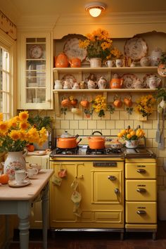 an old fashioned kitchen with yellow cabinets and flowers