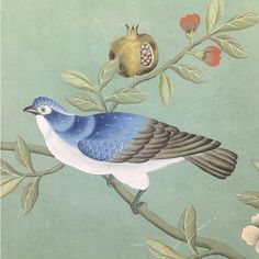 a painting of a bird sitting on a branch with flowers and leaves around it's neck