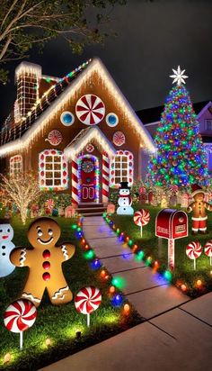 christmas lights decorate the front yard of a house with gingerbreads and candy canes