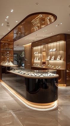 the inside of a jewelry store with many necklaces on display