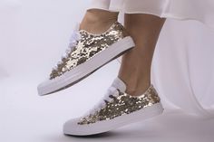 Thanks for the kind words! ★★★★★ "Beautiful and they beautifully packaged as well. Than you so much!" Debi H. #etsy #clothing #shoes #women #white #wedding #blingconverse #sequinconverse #sequintrainers #sequinsneakers https://etsy.me/2SxeBpB Sequins And Sneakers Party, Shoes For Prom, Gold Converse, Sequin Converse, Comfy Wedding Shoes, Sequin Sneakers, Bridal Converse, Sequin Accessories, Converse Wedding Shoes