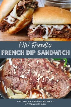 the french dip sandwich is cut in half and ready to be eaten