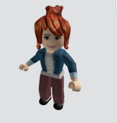 an animated girl with red hair and blue jacket standing in front of a white background