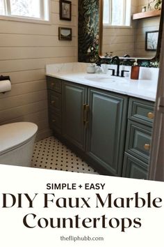 a bathroom with green cabinets and black and white checkered flooring that says simple easy diy faux marble countertops