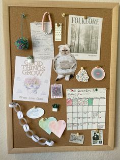 a cork board with various items on it