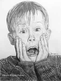 a pencil drawing of a young boy with his hands on his face and looking surprised