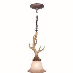 a light fixture with a deer's head hanging from the bottom and an iron chain around it