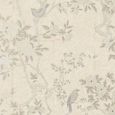 a wallpaper with birds and flowers in grey on white, as well as the background