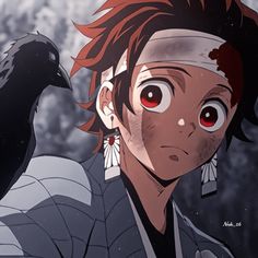 an anime character with red hair and a black bird on his shoulder, staring at the camera