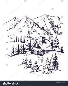 a cabin in the mountains surrounded by pine trees and snow capped mountains, black and white drawing