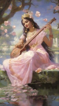 a painting of a woman playing a guitar in the water with pink flowers around her