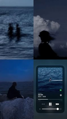 four different pictures with people in the water at night, and one has an mp3 player on it