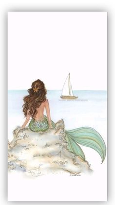 a painting of a mermaid sitting on top of a rock with a sailboat in the background