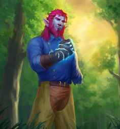 a painting of a man with red hair and blue shirt in the middle of a forest