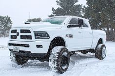 a white truck is parked in the snow