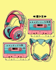 an image of headphones and cassettes with japanese characters on them, all in different colors