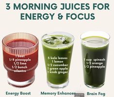 three glasses filled with green juices and the words 3 morning juices for energy & focus