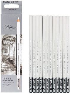 six white pencils with black writing on the front and back of each one, next to an empty box