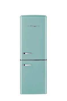 a blue refrigerator freezer sitting on top of a white wall