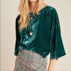 Nwts, All Velvet Top In Dark Green With A Slightly Boxy Fit. Xs Green Velvet Top, Emily Schuman, Velvet Blouse, Cupcakes And Cashmere, Velvet Blouses, Velvet Top, Anthropologie Top, Velvet Tops, Crushed Velvet