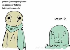 an alien with a scarf around its neck next to a tombstone