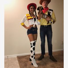 a man and woman dressed up as toy story characters