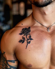 a man with a rose tattoo on his chest