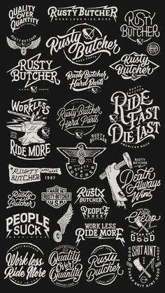 a bunch of different type of logos on a black background with white lettering and handwritten font