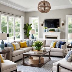 a living room filled with furniture and a fire place in the middle of the room