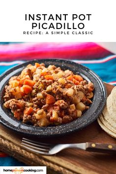 a plate of picadillo next to a fork Instant Pot Picadillo, Picadillo Recipe Mexican, Easy Mexican Picadillo Recipe, Tacos Ground Beef, Mexican Picadillo Recipe, Mexican Picadillo