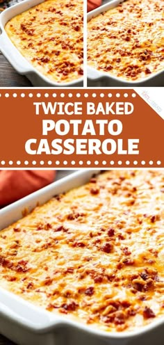 twice baked potato casserole in a white baking dish on a wooden table with text overlay that reads twice baked potato casserole