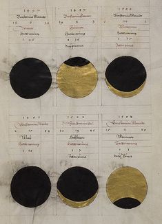 a sheet of paper with gold and black circles on it's sides, all in different sizes