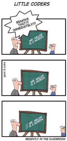 a comic strip with two people in front of a blackboard that says little coders