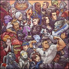 an image of a group of people in front of a wall with many different characters on it