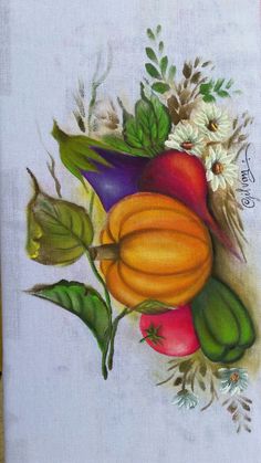 a painting of vegetables and flowers on a white paper sheet with watercolor pencils