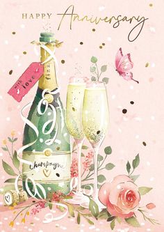 two champagne glasses and a bottle on a pink background with confetti around it