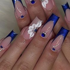 19 Royal Blue Nails That Will Add the Perfect Pop of Color | The KA Edit Homecoming Nail Ideas Royal Blue, Royal Blue Quinceanera Nails Short, Royal Blue Nails Xv, Royal Blue Acrylic Nails Quinceanera, Short Royal Blue Acrylic Nails, Royal Blue Quince Nail Ideas, Blue Floral Nails Acrylic, Royal Blue Acrylic Nails For Quince, Royal Blue Quince Nails Simple